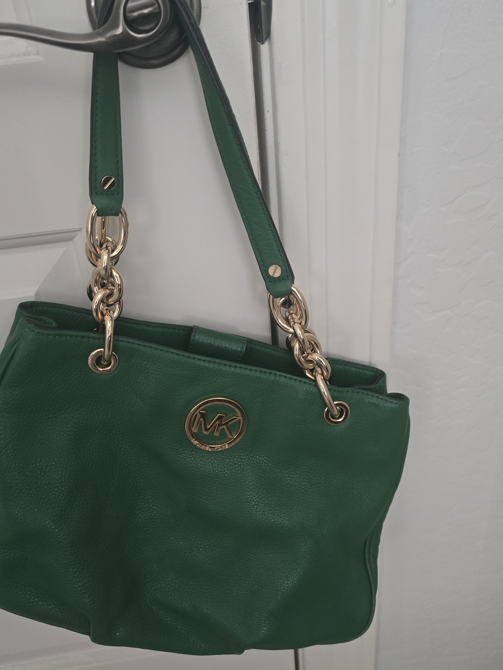 Michael Kors Green Leather Shoulder Tote with Gold Hardware